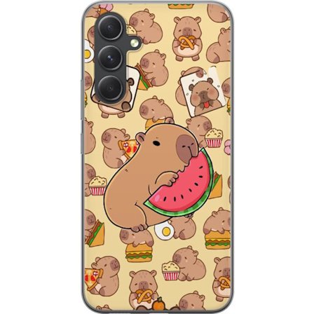 Kompatibelt Mobilskal till Samsung Samsung Galaxy S24 Söt capybaror njuter av vattenmelon pizza och popcorn i en varm och lekfull design som sprider