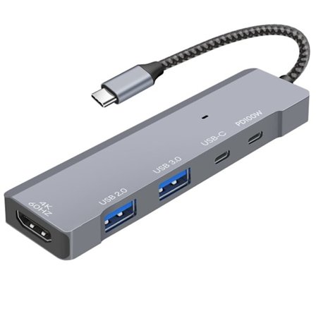 USB-C 5-i-1-hubb till HDTV 4K, USB 3.0 / 2.0, USB-C PD 100W och USB-C LinQ Grå