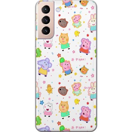 Kompatibel Mobilcover til Samsung Galaxy S21 Farverige tegneserie dyrekarakterer i en legende stil med stjerner og prikker på en lys baggrund