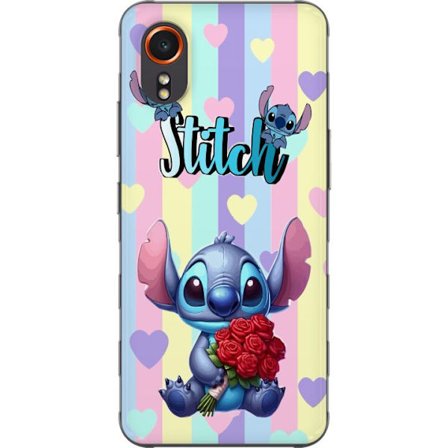Kompatibel Mobilcover til Samsung Galaxy Xcover7 Romantisk illustration af Stitch der holder røde roser mod stribet baggrund