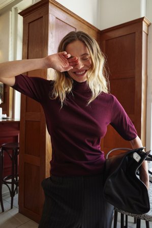 Premium Selection Knitted Merino Wool Short Sleeve Top - Premium kvalitet - Burgundy - S (EU 34-36)