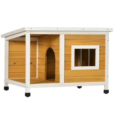 Rootz Hundehus med veranda - Åbningstag - Vindue - Justerbare fødder - Naturligt træ - Orange - 85,5 x 62 x 60 cm
