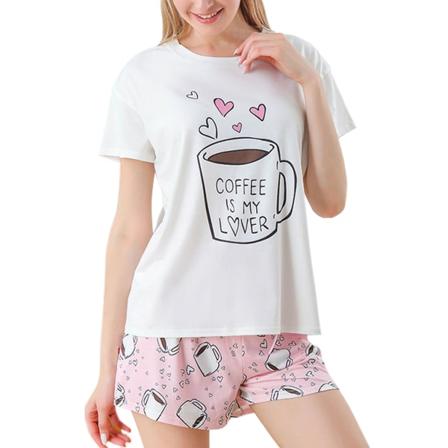 Kvinnors kortärmad pyjamas set tecknad toppar nattlinne casual dragsko shorts pyjamas rosa storlek L