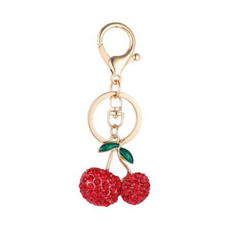 Nyckelring med strassbär, glittrande fruktkörsbär med blad