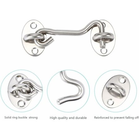 Låser og bolter 6-delt stormkrok med maljer, rustfritt stål hyttekrok, dørkrok vinduskrok sølv (7,5 cm)