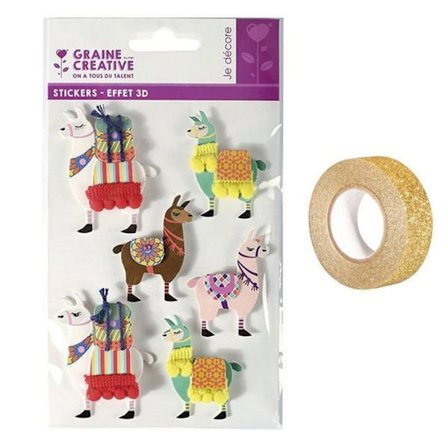 6 st 3D lama klistermärken 6 cm + gyllene glitter maskeringstejp 5 m