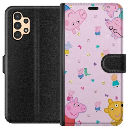 Kompatibelt Lommeboketui til Samsung Galaxy A13 Peppa Gris med en baby i armene, mamma gris motiv i fargerik og myk barneillustrasjon med hjerter