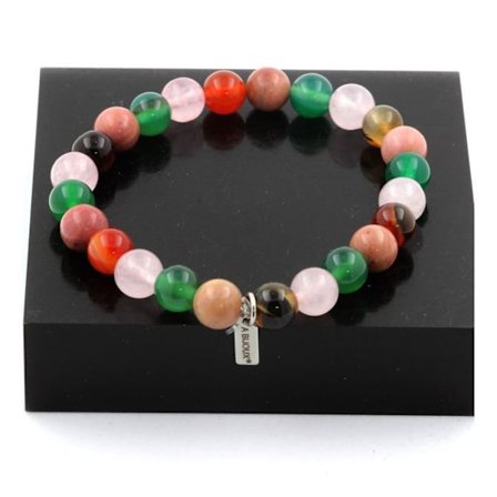 Stenar och mineraler. Armband Rhodonite Beads + Banded Agate + Pink Quartz + Green Agate Made in France.