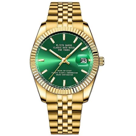 WLISTH 6156 Stålarmbånd Herre Quartz Ur Vandtæt Lysende Kalender Armbåndsur - Guld Urskive (FMY) Multicolor Grøn Urskive