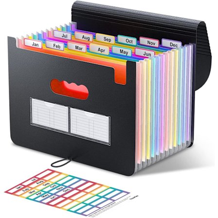 Sort 24-lommers A4-mappe i executive-stil, filorganisator, stretchorganza med elastisk lukning