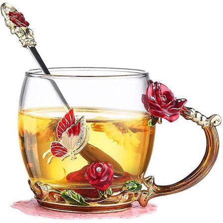 Emaloidu ruusu- ja perhonenkukallinen teekuppi/kahvimuki lusikalla, lahja naisille/vaimolle/äidille/opettajalle/ystäville, äitienpäivälahja, 