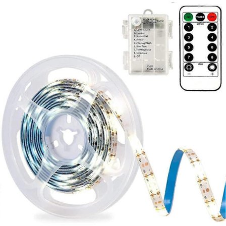 3 m LED-strip med batteridrift og fjernbetjening, vandtæt, 8 tilstande, dæmpbar, timer, selvklæbende (kold hvid)