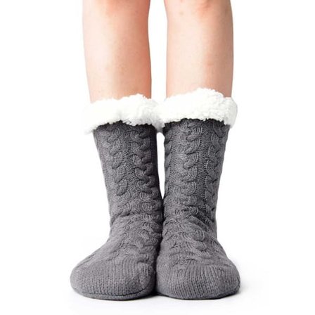 Lurvige Varme Strikkede Sokker Tøfler med Sklisikring Grå—pa