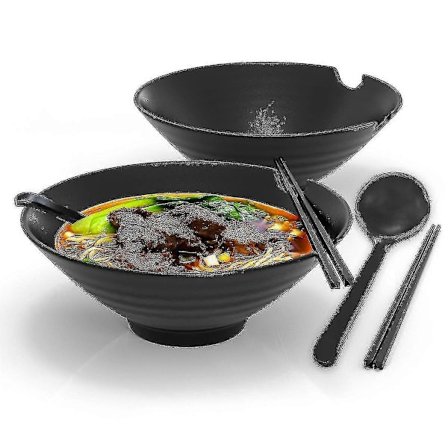 6-osainen Ramen-kulhosetti, täyttökapasiteetti 1000 ml - Perinteinen japanilainen posliinisetti syömäpuikoilla ja lusikalla mustana
