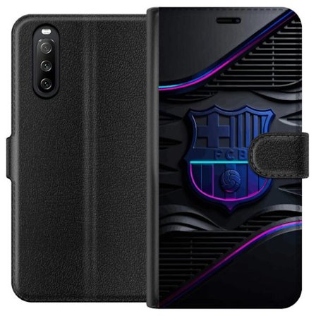 Yhteensopiva Lompakkokotelo Sony Xperia 10 III FC Barcelonan seuraemblemii neon sinistä ja vaaleanpunaista futuristisella metallisella suunnittelulla
