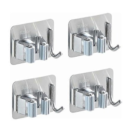 Set med 10 väggfästen i rostfritt stål - Med 1 krok och 1 snabbkopplingssystem för mopp, kvast och trädgårdsredskap