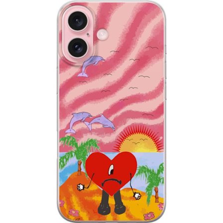 Kompatibel Mobilcover til Apple iPhone 16 Bad Bunny i en farverig quiltet jakke med hjertemønster og solbriller i moderne gade stil