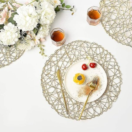 Gold Round Placemats For Dining Table Set Of 6 Non-slip Woven Heat Res