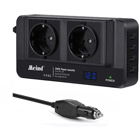 200W Bilomvandlare 12V till 220V Strömomvandlare Fyra USB-portar + Dubbla Uttag