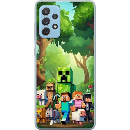 Kompatibelt Mobildeksel til Samsung Galaxy A72 5G Blokkete pikselerte spillverden med grønne figurer og dyr i frodig skogsmiljø