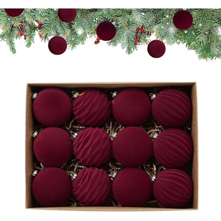 Genérico Rød Fløyelsjulekuler Flokket Juletre 3.15 tommer Pynt, 12 Pakker Kuler Mørk Dyp Rød Jul