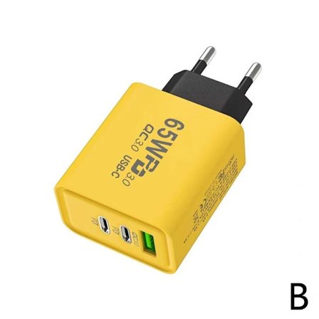 65W USB-C lader, støtter hurtiglading, europeisk standardplugg, PD hurtiglading, USB-C Type-C hurtiglading, gul B europeisk standardplugg.