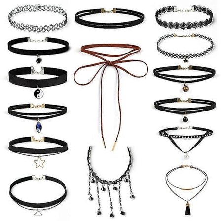 15 stk. Sorte Choker Ringe til Kvinder, Elastiske Strækbare Lige Hals Choker Ring Halskæde, Sexet Blonde Halskæde Krave