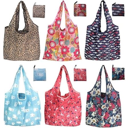 6-pak genanvendelige indkøbsposer, miljøvenlige sammenfoldelige stofposer, 6 stilarter store, slidstærke, vaskbare poser