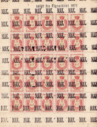 Dansk Vestindien - Stempelmærker helark 10 BIT - Overtryk MAK