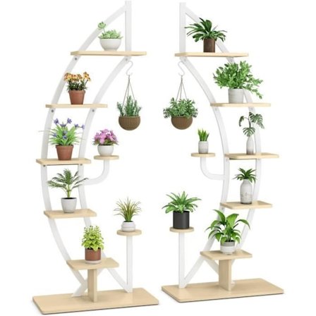 COSTWAY Sæt med 2 blomsterhylder i metal - 7 etager - Halvmåneformet planteholder, Anti-Tip Device White