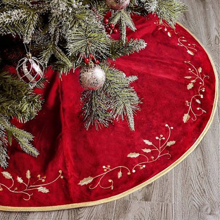 SBSG Juletræstæppe, 122 cm Rød Luksus Fløjl Plys Pels Tæpper med Guld Broderet Kristtjørnblad til Rustikke Juletræs Juledekorationer