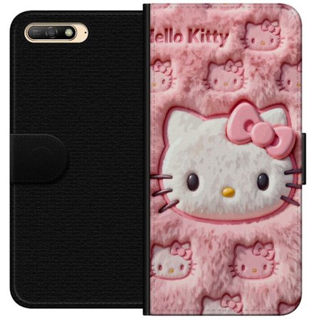 Kompatibel Tegnebogsetui til Huawei Y6 (2018) Hello Kitty lyserød fluffy baggrund med ikonisk ansigt og kawaii-æstetik