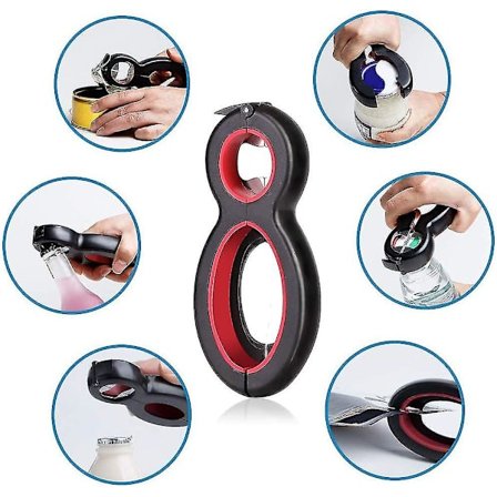 6 i 1 lokkåpner for skrukrukker, lokkåpner boksåpner flaskeåpner med sklisikkert håndtak Multifunksjon alle lokkstørrelser egnet for eldre, artriti