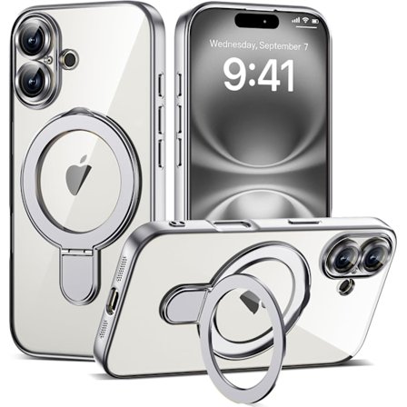 Kompatibelt med iPhone 16 Skal med Magnetisk Ringstativ [Kompatibelt med Mag-Safe] [Fullständigt Kameralinsskydd] Pläterad Klar Telefon