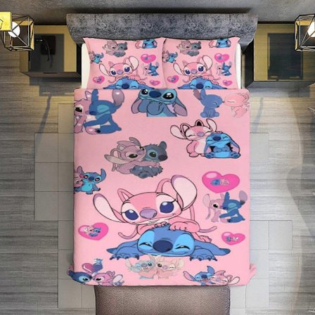 KA664 3-delt Stitch And Angel Dynesett Full med 2 putetrekk, mikrofiber, lettvint vask, varmt og komfortabelt RM664