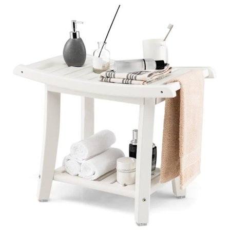 COSTWAY Kylpyhuoneen Jakkara 2 Tasoa HDPE Vesitiivis, Liukumaton Suihku Penkki Kaareva Istuin, 60,5 x 34 x 48 cm, Valkoinen