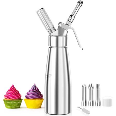 [CA] 500 ml gräddsifon, gräddspruta, aluminium, med 3 dekorativa munstycken i rostfritt stål, 1 rengöringsborste 500 ml