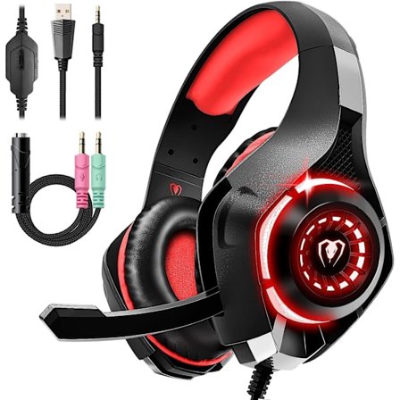 Spelheadset för PS4 PS5 Xbox One Switch PC med brusreducerande mikrofon, djup bas stereoljud (svart röd)-1