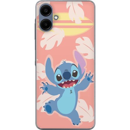 Kompatibel Mobilcover til Samsung Galaxy A06 Glad illustration af Stitch der hopper foran lyserød baggrund med surfbræt