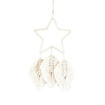 Macrame vægophæng Boho-indretning, stjerneblad fjer vævet vægkunst gobeliner