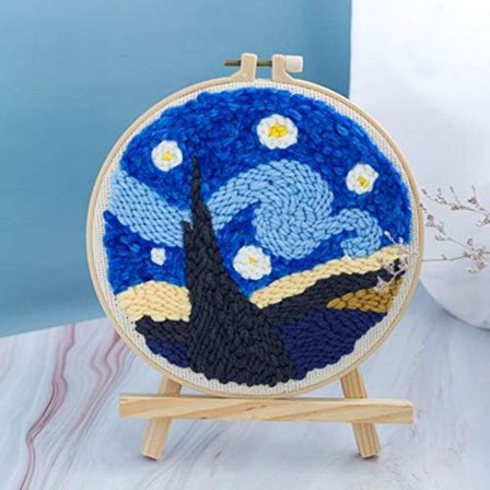 Serie av stansade broderikit för stansning av landskap - stansnål, tråd, tyg, broderiram, garnmatta