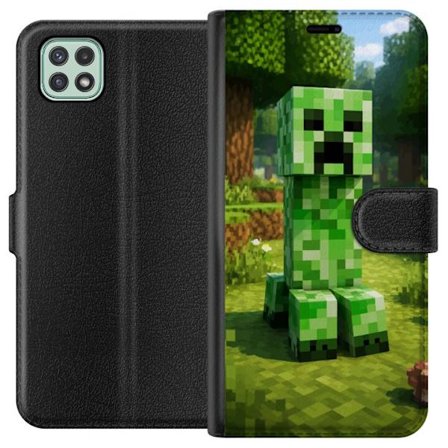 Kompatibelt Plånboksfodral till Samsung Galaxy A22 5G Block-baserad Creeper-figur i en grön pixell värld, ikonisk spelillustration för barnrum, ga
