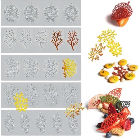 5 stk. Bladformer Silikon Bakeformer Fondantformer, Hul 3D Korallgren Blad Tuile Blonde Silikon Kakeformer, Polymerleireformer for Baking, Resin,