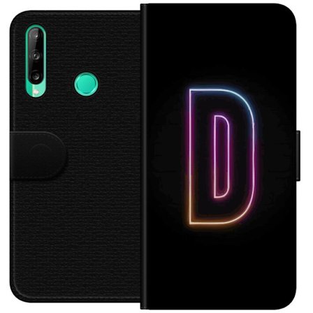 Yhteensopiva Lompakkokotelo Huawei Huawei P40 lite E Minimalistinen neonkirjain D väriä vaihtavassa valossa mustaa taustaa vasten modernissa digitaa