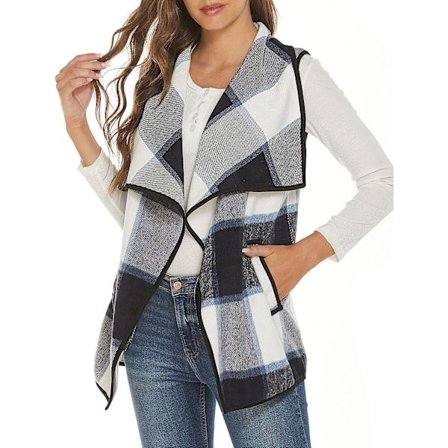 Kvinnor Väst Lapel Öppen Fram Buffalo Pläd Ärmlös Cardigan Jacka Kappa med