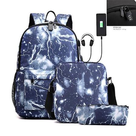 Bästsäljande Ryggsäck USB Bekväm Laddning Stjärnhimmel Tre-delad Set - Blixtblå lightning blue