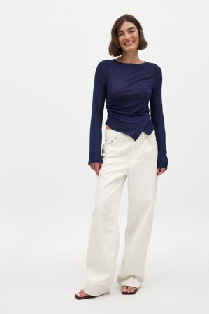 NA-KD - Topp med knappedetaljer - Langermede T-skjorter - Marineblå - XS