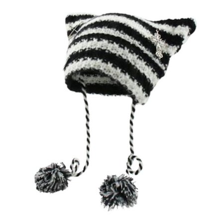 Hæklet kattehat til kvinder - Vintage Grunge tilbehør Slouchy hat krydsstriber [Sort/Hvid]