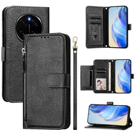 Kompatibelt fodral för Honor Magic7 Pro 5G med dragkedjeficka, flera kortplatser och läderfodral