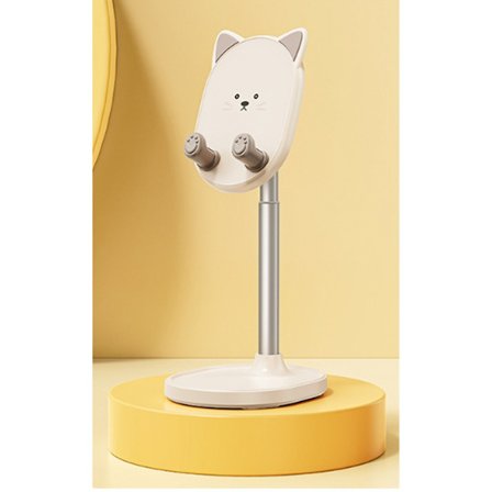 Søtt katte-telefonstativ for skrivebord, justerbart løfte- og uttrekkbart nettbrettstativ (hvit)